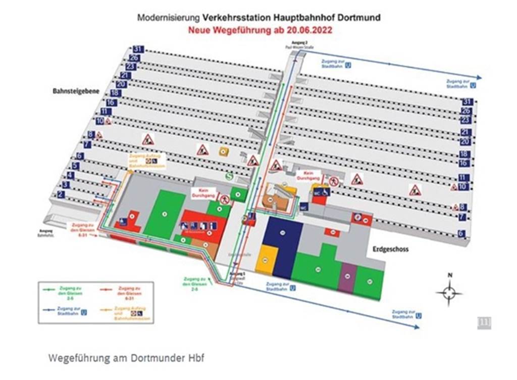 Dortmunder Hauptbahnhof: Umwege bleiben länger bestehen Das Schaubild der Bahn zu den Umleitungen im Dortmunder Hauptbahnhof ab 20. Juni.