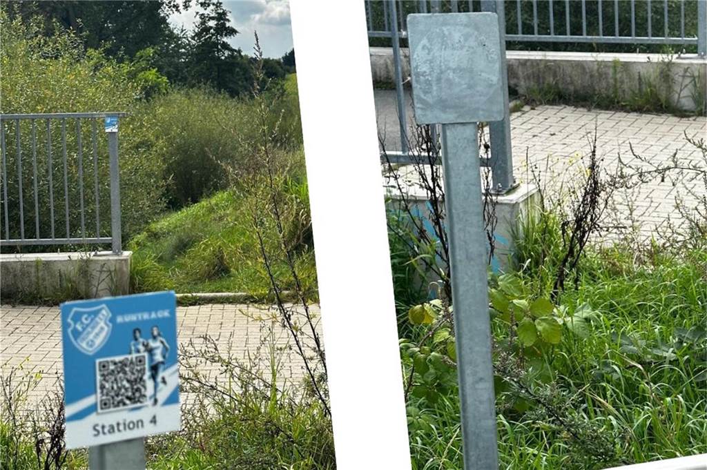 Vandalismus bei Projekt des FC Frohlinde: „Ich finde es traurig und eine Schande“ Das Schild der Station vier (l.) wurde von Vandalen einfach von der Halterung gerissen. So können auch die im QR-Code gespeicherten Übungen nicht mehr abgerufen werden.