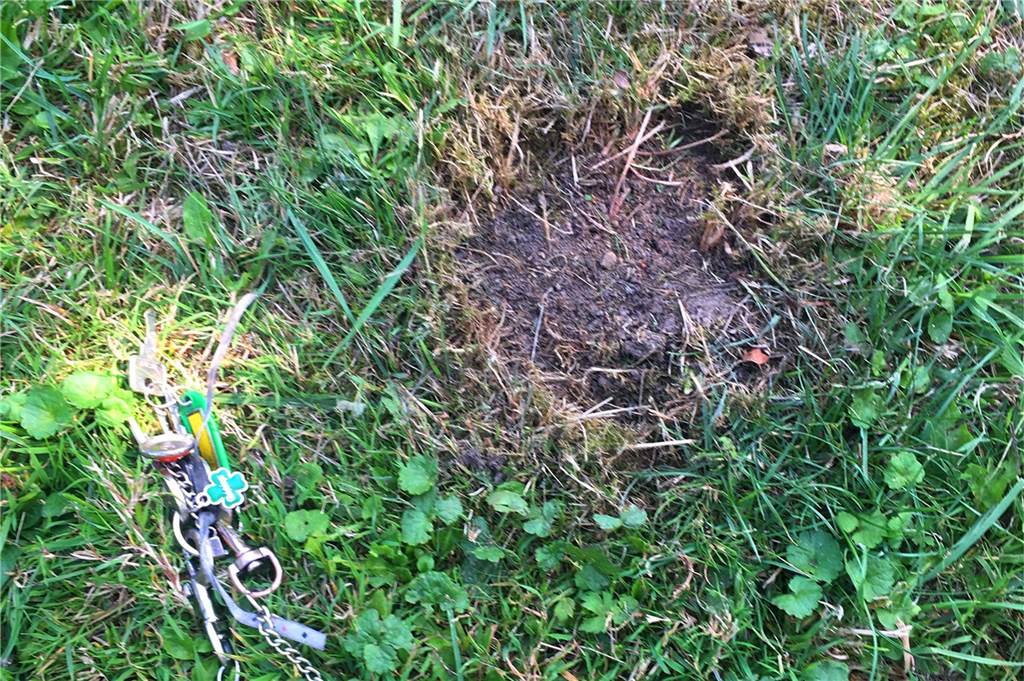 Polenböller-Attacke auf Biergarten im Dortmunder Süden Das Schlüsselbund (links) soll zeigen, wie groß der Krater ist, den einer der Böller am Rande des Biergartens gerissen hat.