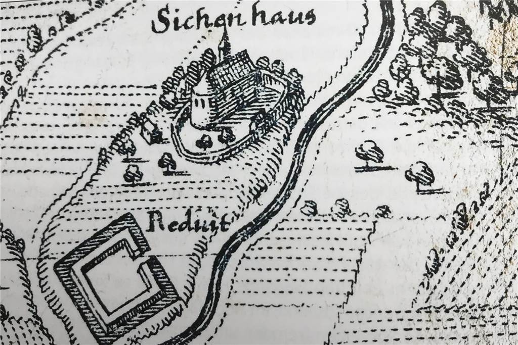 Typhus, Pest und Cholera - wie Epidemien in Dorsten den Tod brachten Das Siechenhaus auf dem Merianstich Dorstens von 1647.