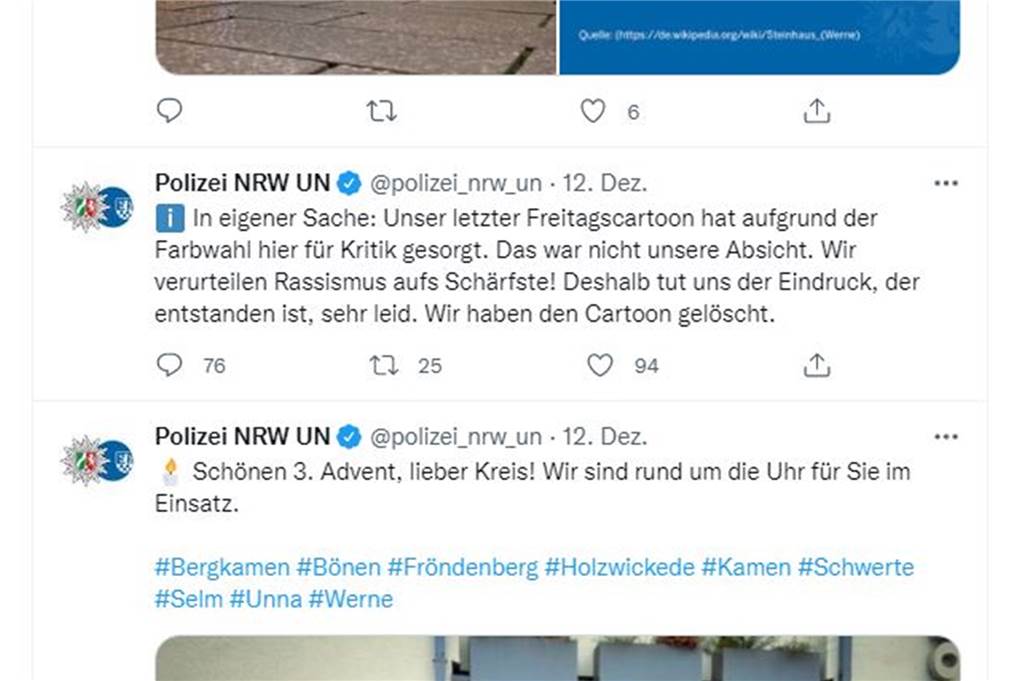 Rassismusvorwürfe gegen die Polizei nach Cartoon-Posting auf Twitter Das Statement von Sonntag geht vielen Nutzern nicht weit genug, Die Rassismusdiskussion geht unter dem Tweet weiter, bis Montagvormittag waren bereits 76 Kommentare unter dem Tweet verfasst worden.