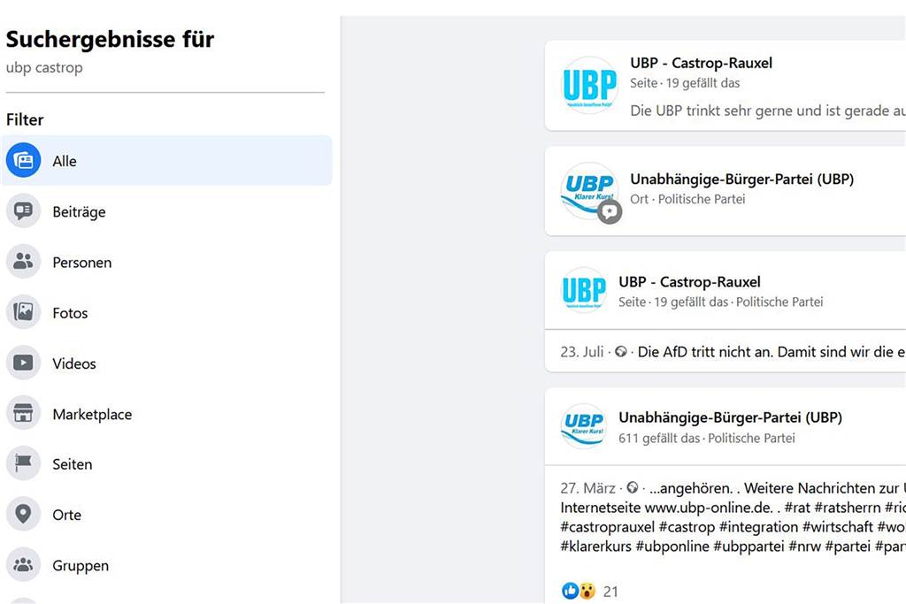 Zwei Facebook-Seiten von Parteien in Castrop-Rauxel sind Fakes Das Suchergebnis auf Facebook nach "UBP Castrop": Es zeigt die gefakte Seite auf den Positionen 1 und 3, die Seite des Kreisverbandes auf der Position 2.
