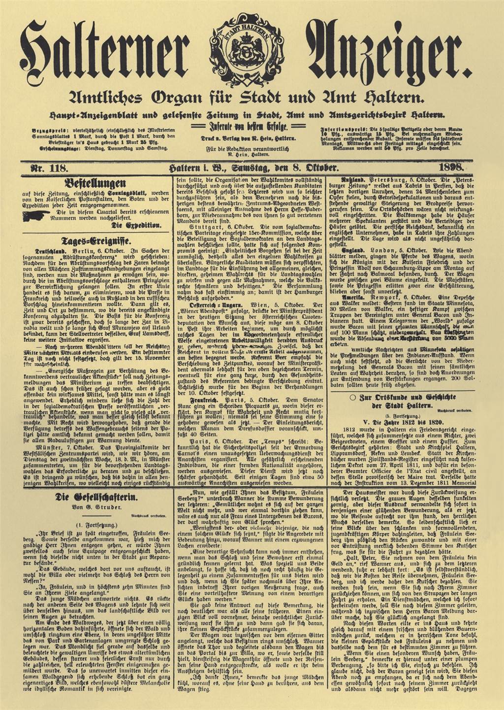 Die erste Zeitung in Haltern: Vom Anzeigenblatt zum digitalen Medium Das Titelblatt der 118. Ausgabe der Halterner Zeitung (damals noch Halterner Anzeiger) aus dem Jahr 1898