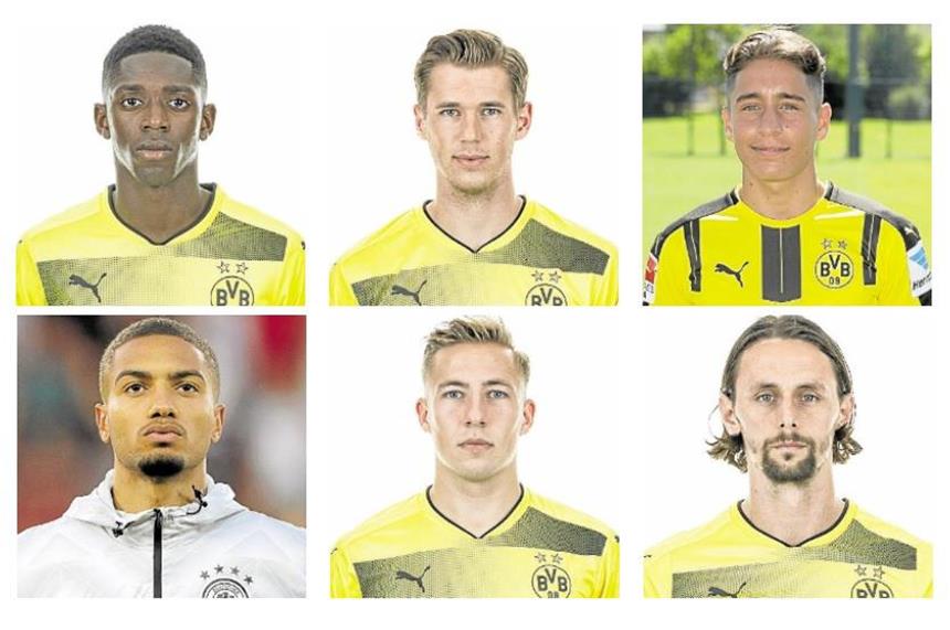 Dembele, Durm, Mor, Toljan, Passlack und Subotic Dembele, Durm, Mor (o.v.l.), Toljan, Passlack, Subotic (u.v.l.): Alle sechs Spieler hängen in der Warteschleife.