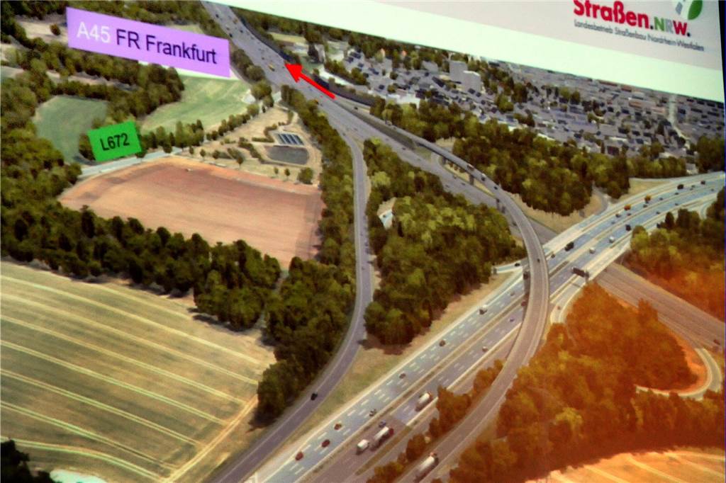 Den geplanten „Überflieger“ im Westhofener Kreuz zeigt die Visualisierung von Straßen NRW. Die Überführungsrampe leitet den Verkehr von der A1 aus Bremen direkt weiter auf die A45 nach Frankfurt.