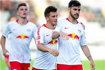 Den Leipzigern reichte in der Qualifikation der Europa League ein glanzlose 1:1 gegen BK Häcken, das Tor erzielte Massimo Bruno (r). Foto: Michael Erichsen/Bildbyran via ZUMA Press