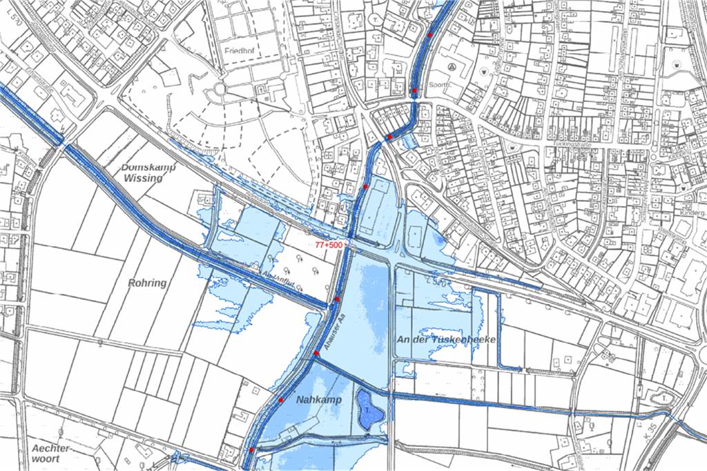 Der Adenauerring steht schon bei einem recht häufigen Hochwasser unter Wasser, ebenso wie die angrenzenden Geschäfte.