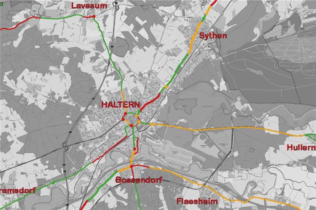 Grün, gelb und rot sind die Hauptstraßen, die in umliegende Halterner Ortsteile führen, markiert.