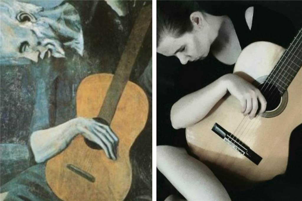 Witzige Kunst-Challenge: Dortmunder Schüler stellen berühmte Gemälde nach „Der alte Gitarrenspieler“ von Pablo Picasso.