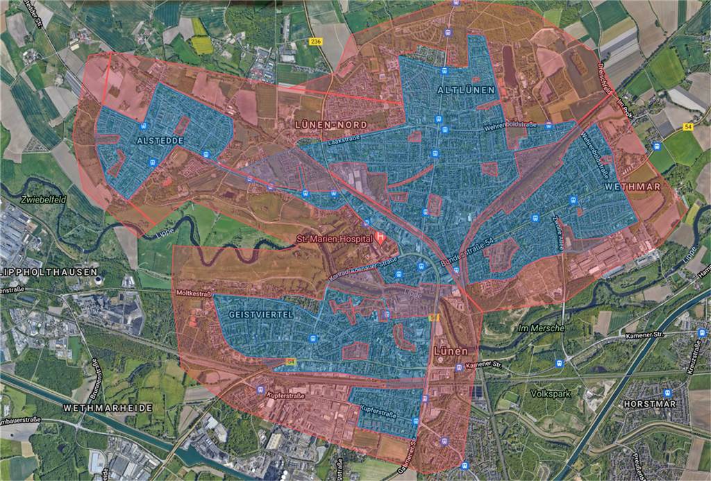 Pläne für E-Scooter in Lünen: Hier sollen die Roller bald fahren Der Anbieter Bird plant, die E-Scooter vor allem in der Stadtmitte und in Alstedde anzubieten (blau). Rot markiert sind die Bereiche, in denen die Roller nicht geparkt werden können.