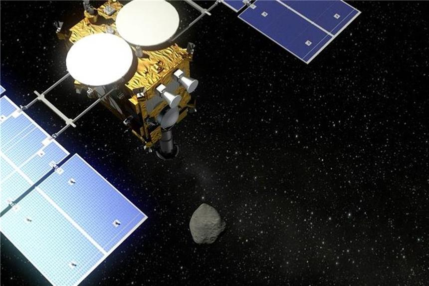 Japanische Sonde erreicht Asteroid Der Asteroidenlander MASCOT fliegt mit der japanischen Raumsonde Hayabusa2 zum Asteroiden 1999 JU 3. Foto: Visualisierung/DLR