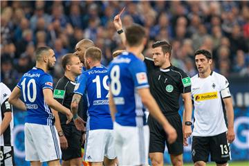 Der Aufreger auf Schalke: Schiedsrichter Harm Osmers (2.v.r) zeigt Nabil Bentaleb (l.) die Rote Karte.