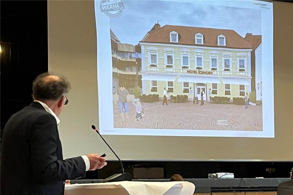 Kritik wegen neuem Gastrokonzept: „Büro zu beauftragen, ist lächerlich“ Der Planer zeigt in der Ausschusssitzung eine Präsentation.