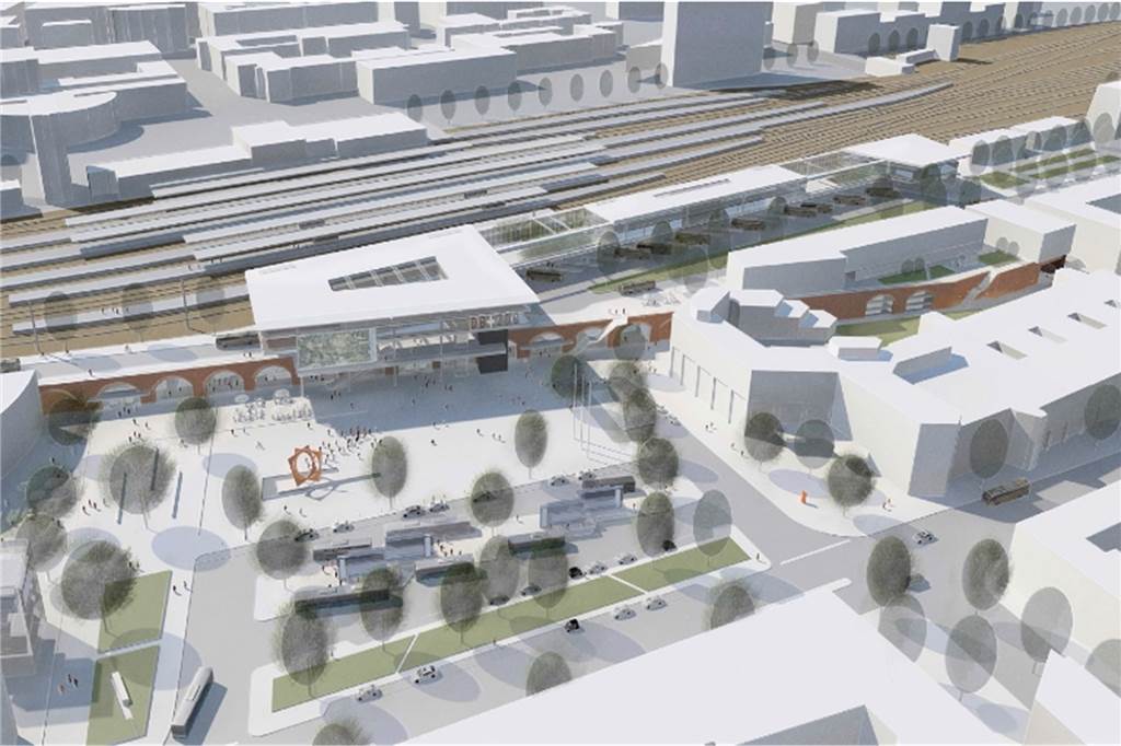 Grüne Rampe soll die Nordseite des Hauptbahnhofs prägen Der Bahnhofsplatz Nord von oben im Entwurf des Architekturbüros Trojan + Trojan.