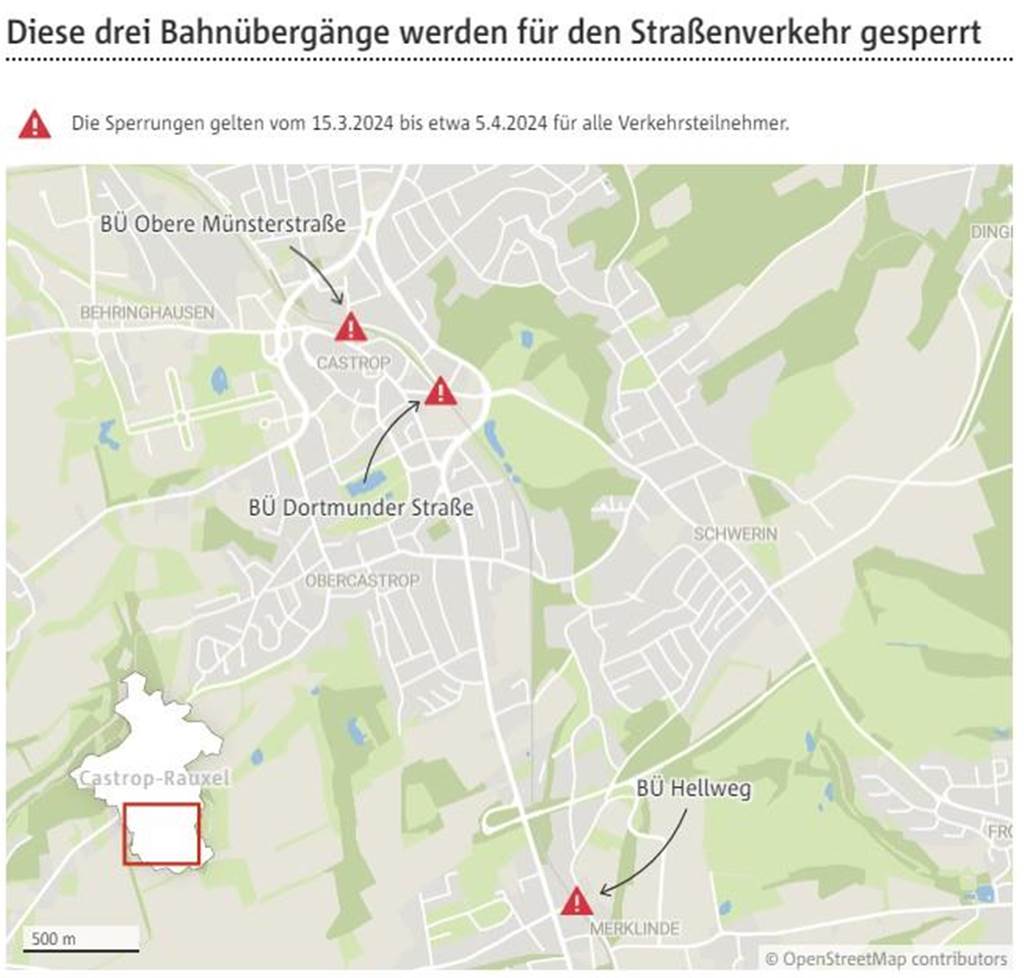 Die Fußgänger-Frager zu Bahnübergangs-Sperrung: Noch Ausnahmen möglich? Auf dem Ausschnitt einer Karte von Castrop-Rauxel sind die drei gesperrten Bahnübergänge eingezeichnet.