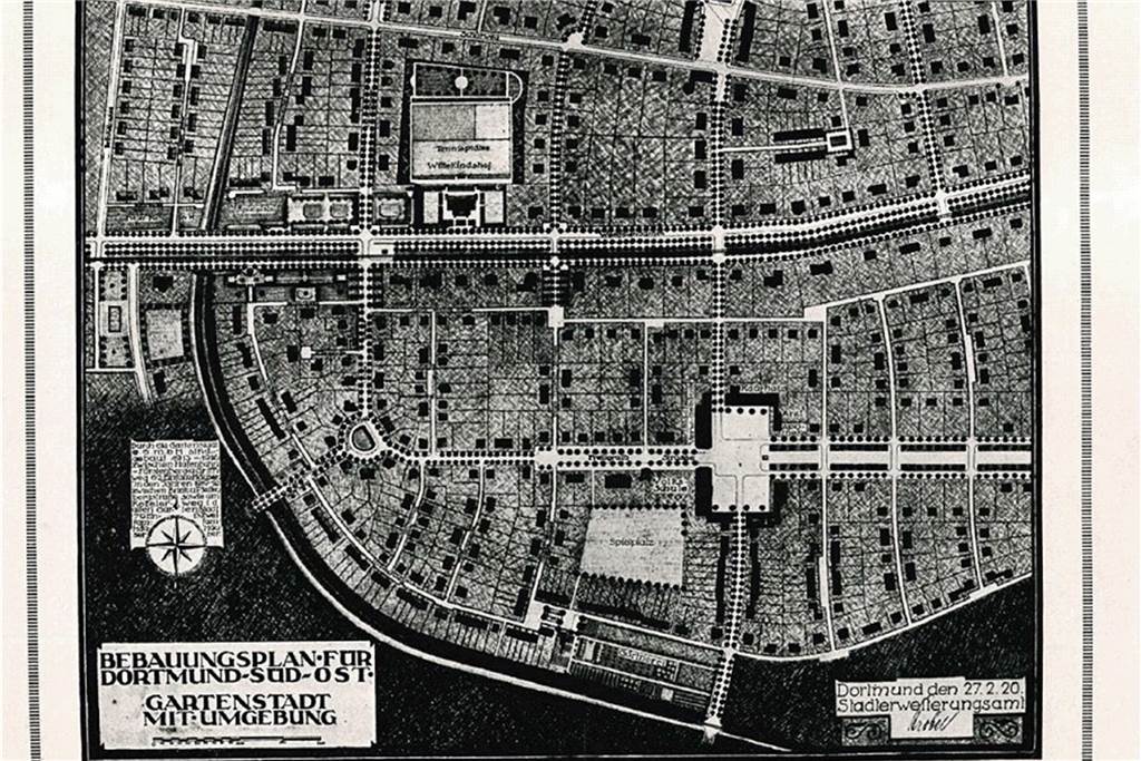 Der historischen Gartenstadt droht Gefahr - und die Zeit wird knapp Der Bebauungsplan von 1920 zeigt die Entwicklung der historischen Gartenstadt. Der Kern liegt dabei zwischen dem Westfalendamm (B1), der quer durch die Bildmitte verläuft und der alten Hoeschbahn-Trasse (unten), die bald zum Gartenstadt-Radweg wird.