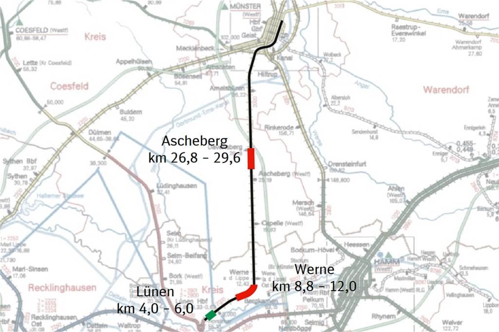 Bahn-Arbeiten am Damm sorgen für Tempo-Begrenzung und Haltestellen-Ausfälle Der Bereich Nähe Lünen ist fertig saniert (grün). Die roten Abschnitte oberhalb von Werne und zwischen Ascheberg und Davensberg sind sanierungsbedürftig.