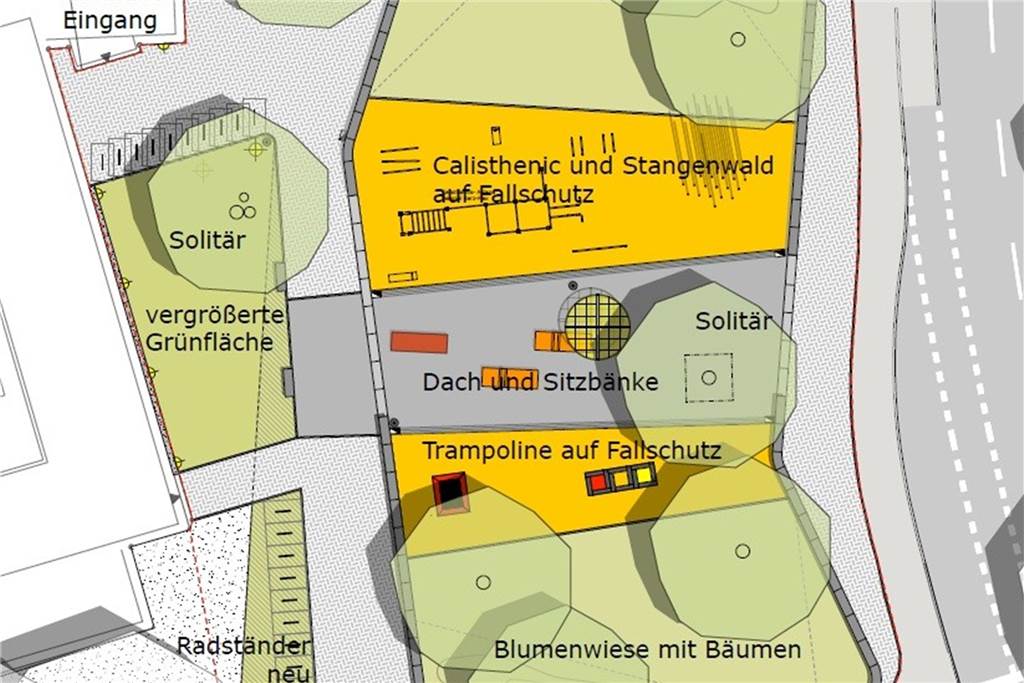 Mini-Park statt Autohandel: Neuer Platz wertet die Faßstraße auf Der neue Bereich am Hörder Stadteingang wird in Sport-, Aufenthalts- und Grünflächen unterteilt.