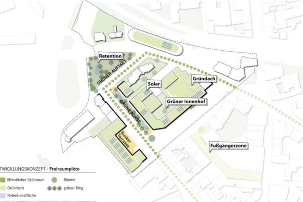 Bunker-Konzept sieht Wohnungen, Büros, Gastro und Speicher Der Blick in das Entwicklungskonzept mit dem Bunker am Rande der überplanten Fläche rund um Postgebäude und dem neuen Mobilitätshub am Biesenkamp, der den Parkplatz "Im Ohr" ersetzen soll.