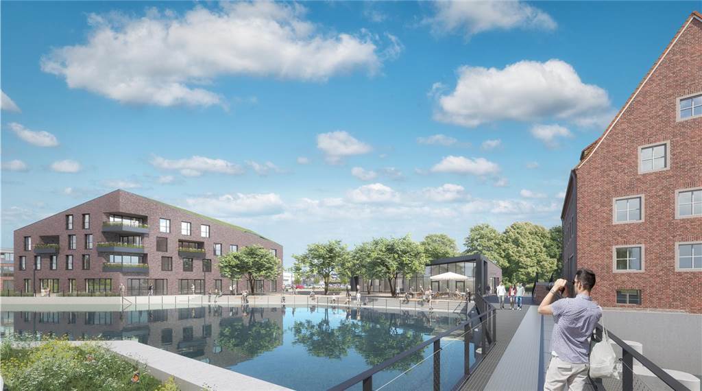 Mühlenplatz: Gastronomie, Wohnen und Praxen am Berkelufer Der Blick vom Mühlenwehr auf die mögliche neue Bebauung