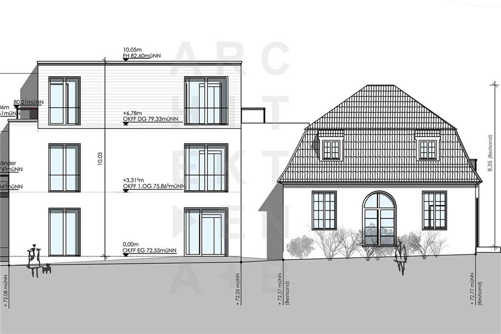 Geduldsprobe in Bork: Wann wird modernes Wohnen im alten Gärtnerhaus möglich? Der Blick von hinten auf das Gärtnerhäuschen aus Bork und seinen modernen Anbau. Eine Glaskonstruktion verbindet beides.