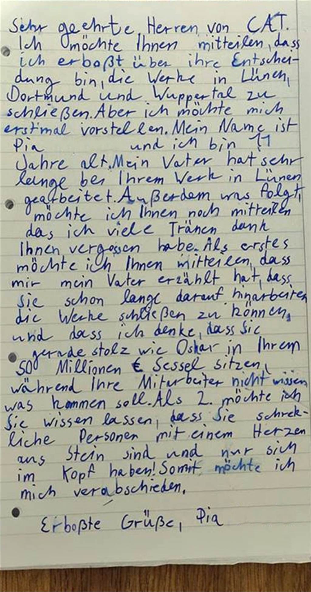 Schließung von Caterpillar: Elfjährige Tochter eines Angestellten schreibt Brief an Vorstand Der Brief des Mädchens, der auf Facebook die Runde machte.