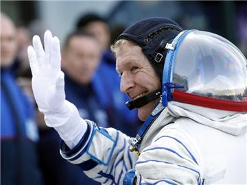 Der britische Astronaut Tim Peak vor dem Start zur zur Internationalen Raumstation ISS auf dem Weltraumbahnhof Baikonur. Foto: Maxim Shipenkov