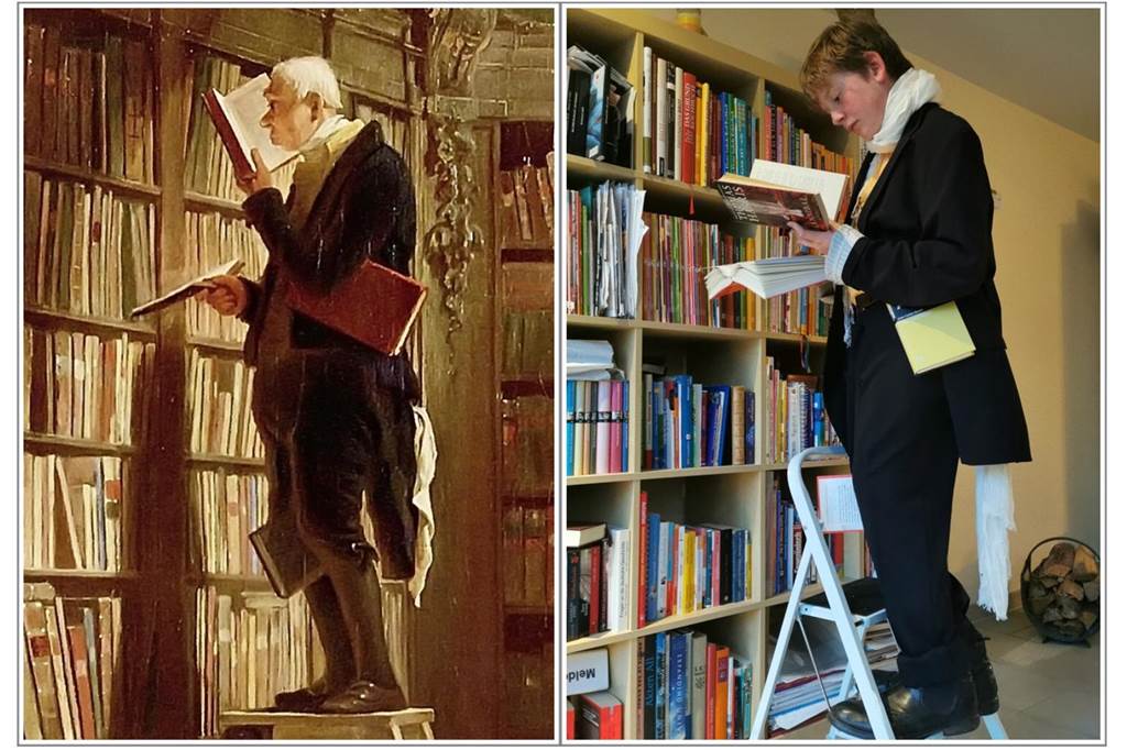 Witzige Kunst-Challenge: Dortmunder Schüler stellen berühmte Gemälde nach Der „Bücherwurm“ von Spitzweg. Original und Fälschung.