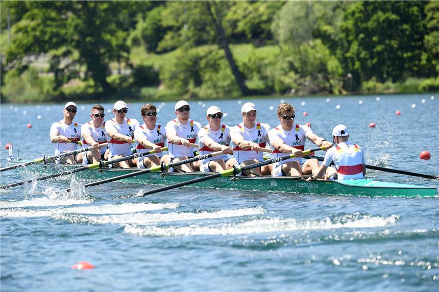 So liefen die Vorläufe fürs Dorstener EM-Trio Der Deutschland-Achter mit dem Dorstener Christopher Reinhardt (3.v.l.) fuhr bei der EM in Luzern einen Start-Ziel-Sieg heraus.