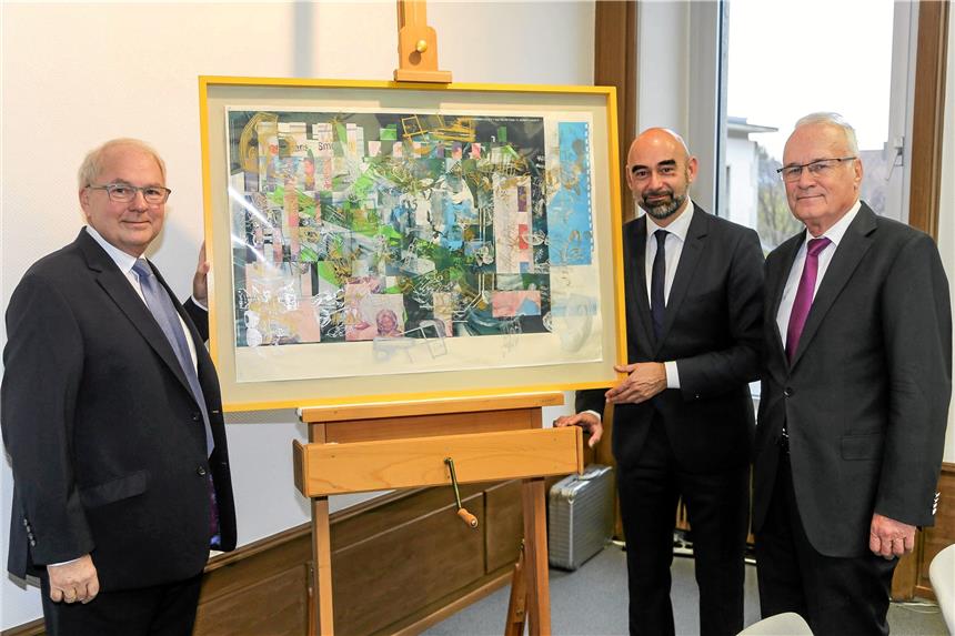 Dortmund bekommt Kippenberger-Bild zum Nulltarif Der Dortmunder IHK-Präsident Heinz-Herbert Dustmann (v.l.), Edwin Jacobs und Stiftungsvorstand Hans-Dieter Michalski mit der Kippenberger-Collage Foto Schaper