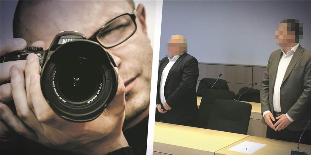 Wie sich Schulfotografen Aufträge kauften und Schulen sich massenhaft kaufen ließen Ein Mann fotografiert mit einer Spiegelreflexkamera, die zwei Angeklagten vor Gericht