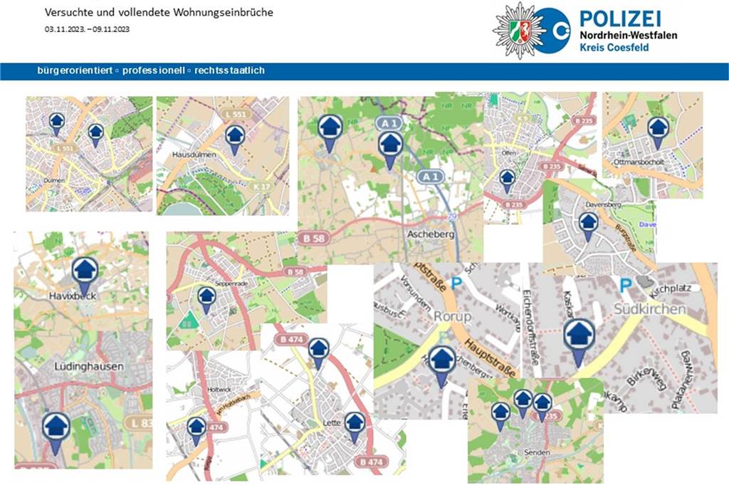 Einbruchswelle im ganzen Kreis Coesfeld: Polizei mahnt zur Vorsicht Der Einbruchsradar zeigt die vielen Fälle innerhalb einer Woche.
