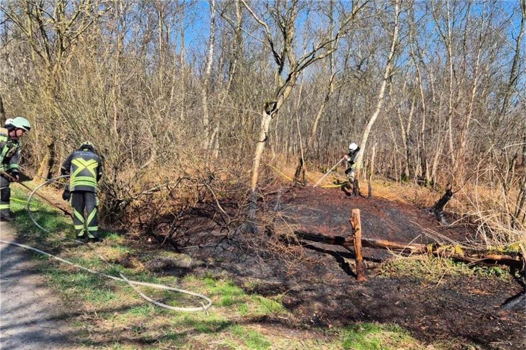 Beim Waldbrand in Alstätte löschten die Feuerwehrleute die Flammen mit Wasser.