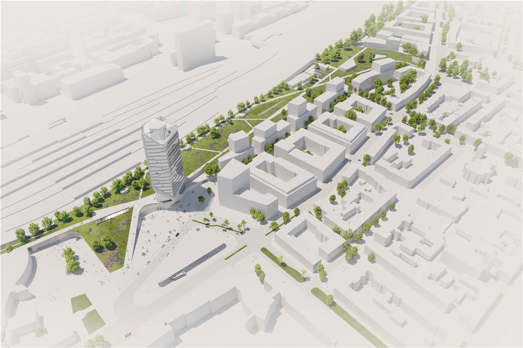 800 Meter langer Park am Hauptbahnhof - Partner soll Mammutprojekt voranbringen Der Entwurf von raumwerk.architeken sieht neben diversen Neubauten einen ausgeprägten Grüngürtel in Form eines Parks vor.