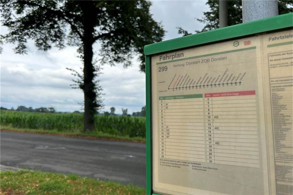 „Busverbindungen miserabel“: Linie 299 fährt nur viermal täglich Der Fahrplan Richtung Dorsten von der Bushaltestelle Paßstraße in Gahlen.