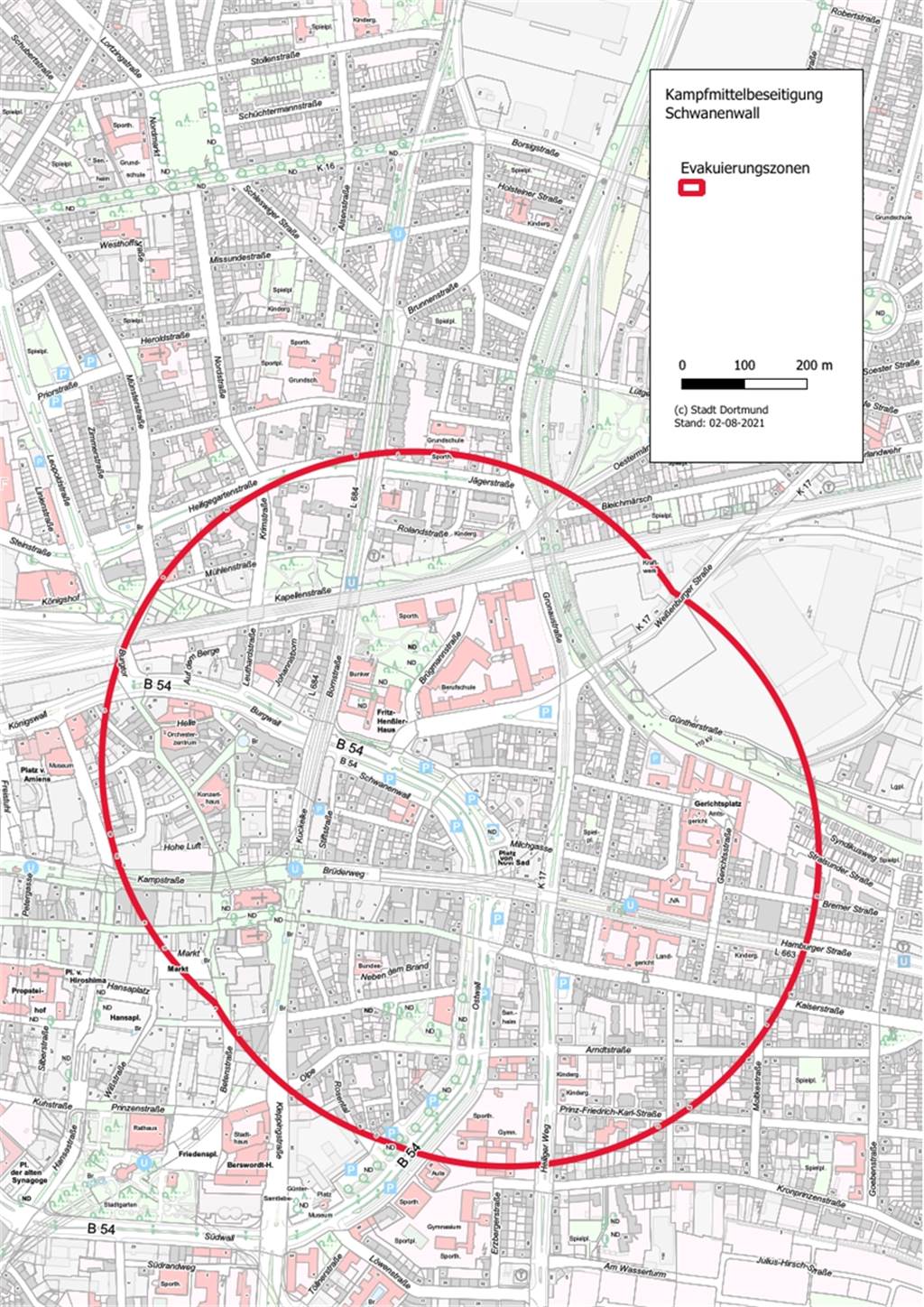 Mega-Evakuierung im August: Betroffenes Gebiet hat sich nochmal geändert Der geänderte Evakuierungsradius für die Entschärfung am 15. August.