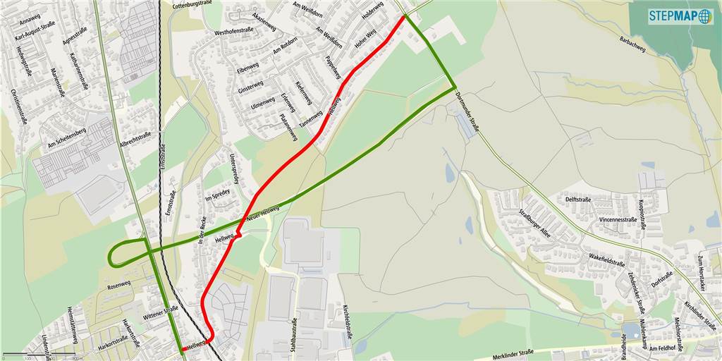 Unsere Karte zeigt: Hellweg-Sperrung verursacht bis zu 1 Kilometer Umweg Der Hellweg ist gesperrt. Die rot markierte Route ist zurzeit nicht zu nutzen. Die grüne ist die Alternativstrecke. Aber die ist erheblich länger.