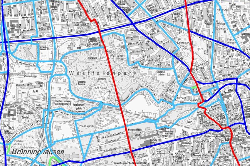 Riesen-Brücke über Westfalenpark? Radfahrer-Lobby sieht „Ablenkungsmanöver“ Der Kartenausschnitt zeigt rot markiert (Bildmitte) den geplanten Verlauf der Velo-Route über das Westfalenpark-Gelände.