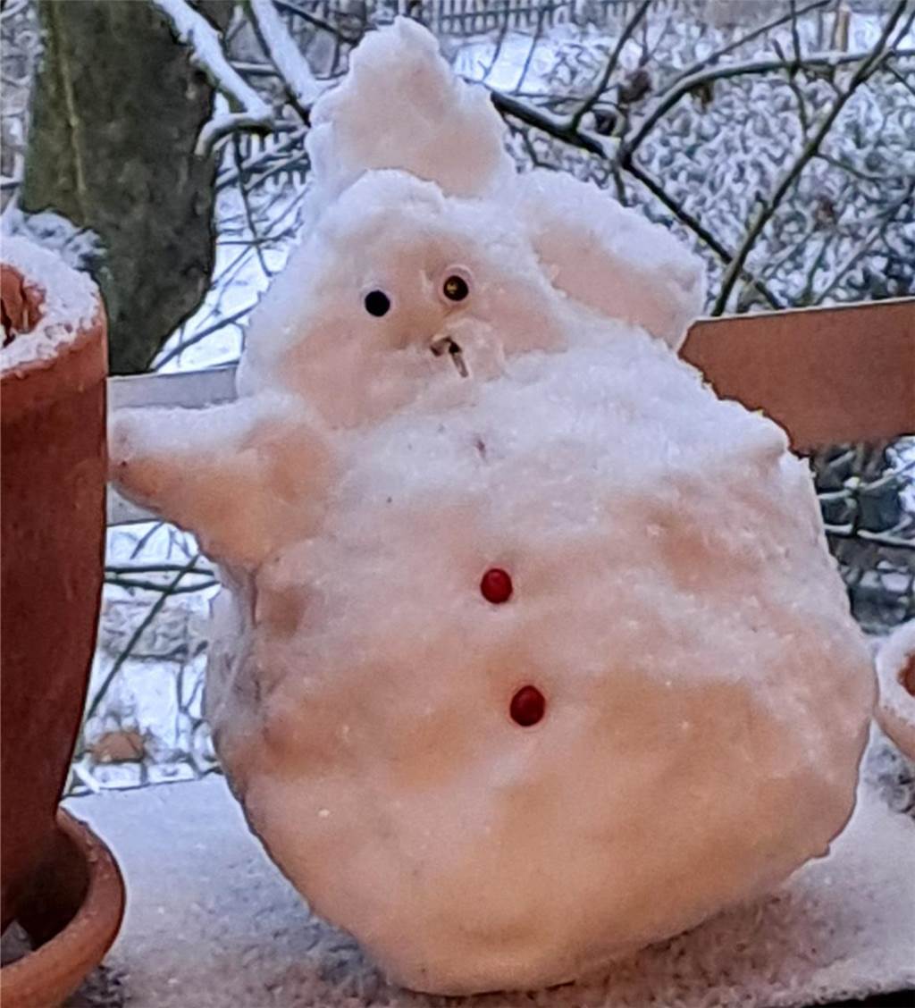 "Der kleine Schneemann im Anhang, wurde gestern mit ganz viel Liebe und Geduld von unserer 4-jährigen Enkelin gebaut. Der Schneemann trägt auf dem Rücken einen Rucksack, worin sein Kind Platz gefunden hat. Durch den Transport ist er in leichte Schieflage geraten, aber trotzdem bestens gelaunt", freut sich Großmutter Maria Demandt.