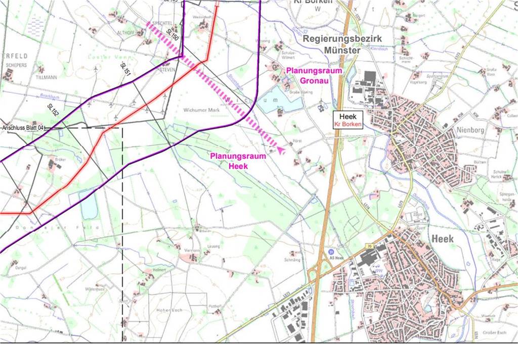 Stromleitung A-Nord wird sich kilometerlang durch Heek fräsen Der Korridor und die eigentliche Trasse werden mal durch das westliche Gemeindegebiet verlaufen.