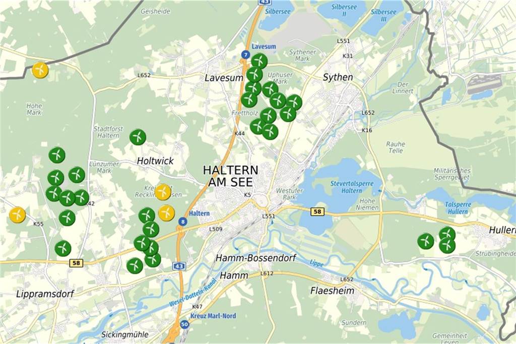 Windrad-Sprengung wird konkret: „Schubversagen über gesamte Turmhöhe“ Der Kreis RE hat eine Karte mit den Standorten der Windräder in Haltern zusammengestellt.