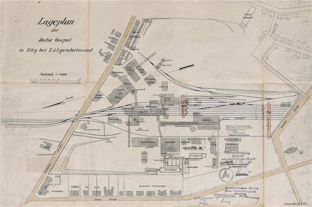 Auf den Spuren der Zeche Oespel am heutigen Indupark-Gelände Der Lageplan aus den 1920er-Jahren zeigt, wo die Bahnschienen entlangführten, wo die Ingenieurshäuser lagen und das Lohnhaus. Die Schulstraße heißt heute Borussiastraße.