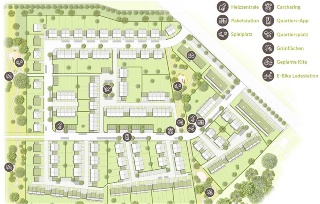 Wohngebiet: Vermarktung von 179 neuen Doppel- und Reihenhäusern beginnt Der Lageplan des Neubaugebietes. Die Recklinghauser Straße verläuft schräg zwischen Lageplan und Legende. An der Straße sollen Geschosswohnungsbau und eine Kita realisiert werden.