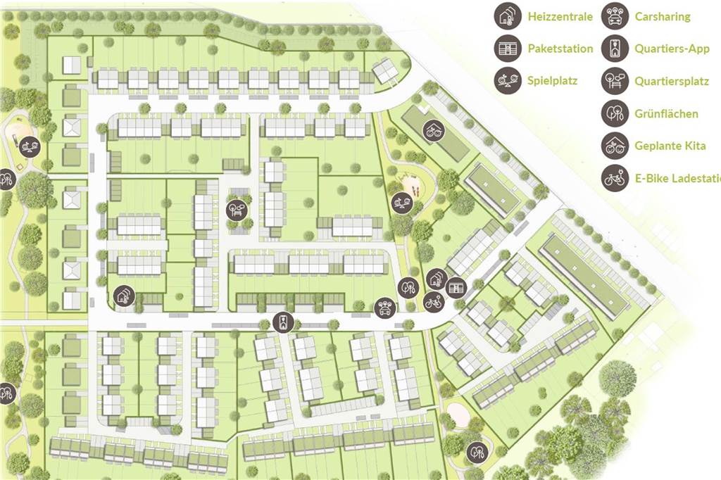 Reihenhaus im Castrop-Rauxeler Neubaugebiet soll 454.000 Euro kosten Der Lageplan des Neubaugebietes. Die Recklinghauser Straße verläuft schräg zwischen Lageplan und Legende. An der Straße sollen Geschosswohnungsbau und eine Kita realisiert werden.