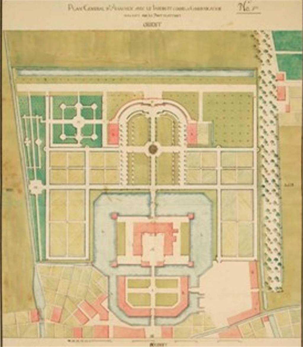 Weg für die Brücke ist frei: Denkmalschutz erlaubt neue Brücke über die Gräfte Der Lageplan „Plan general d’Ahausen avec le Jardin et Comme la Communication sera faite par le Pont Flottant", der um 1765 entstanden ist, zeigt nicht nur eine Brücke zwischen Schlossinsel und Schlossgarten. Er beschreibt auch die Erschließung des Gartens über eine schwimmende Brücke.