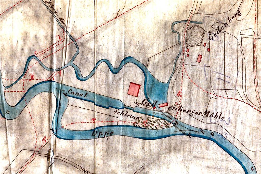 Wehr, Mühle und Co.: Diese Geschichte steckt hinter den Bauwerken an der Lippe Der Lageplan zeigt die Lippe mit Wehr, Schleuse und Mühle in Werne um 1865.