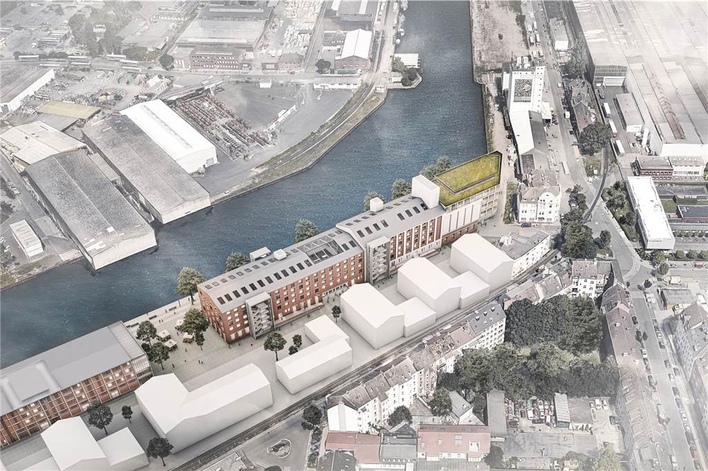 „Hafenforum“ im alten Speicher wird Treffpunkt zum Arbeiten und Feiern Der Lensing Media Port (vorne links) und das Innovations- und Gründerzentrum (Bildmitte) sind direkte Nachbarn an der Hafenpromenade.