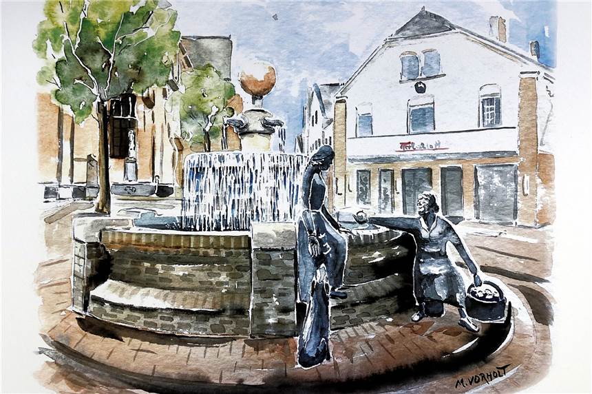 13 Aquarelle: Halterner Kalender-Motive für das Klara Hospiz Der Marktbrunnen ist eins der Motive im neuen Klara-Kalende