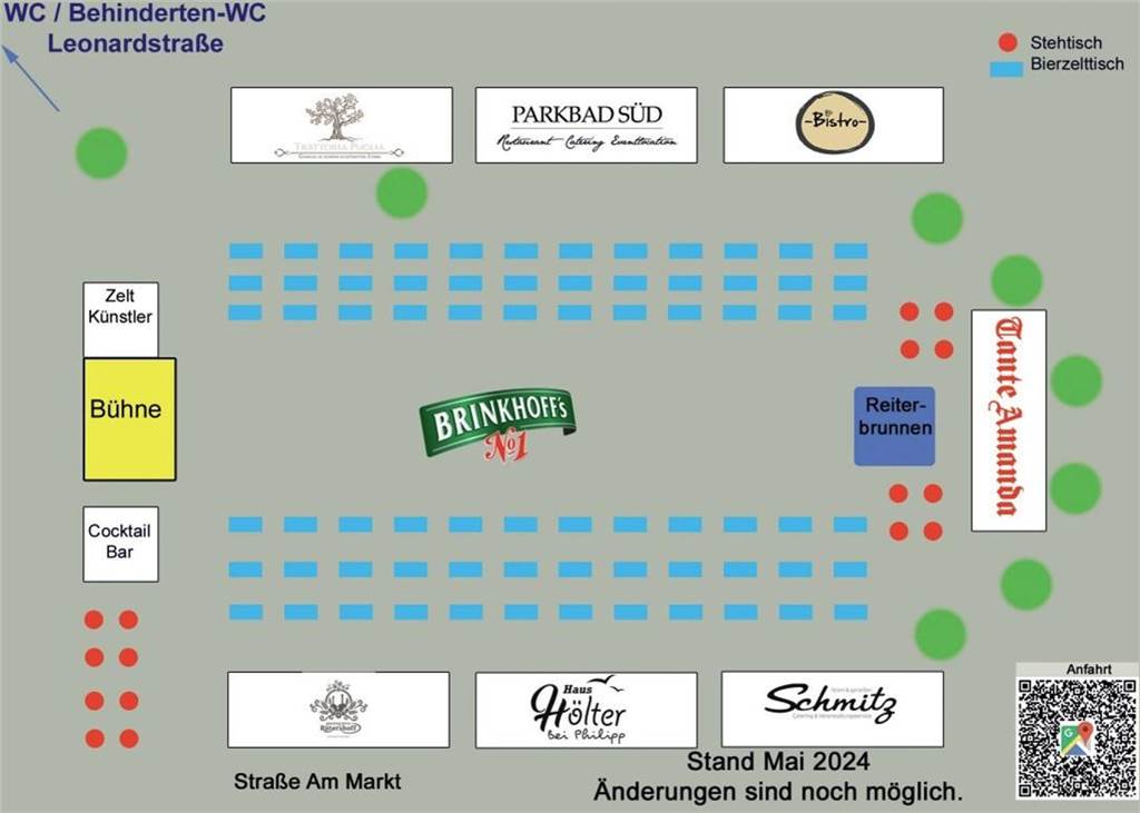 Castrop kocht über 2024: Programm und Gastronomen im Schnellüberblick Der Marktplatz bei Castrop kocht über 2024 wird in etwa so aufgebaut. Die Bühne steht an der Mühlenstraße, daneben eine Cocktail-Bar. Am Boulevard sind die Trattoria, das Parkbad und das Bistro, vor der Sparkasse Schmitz, Haus Hölter und das Brauhaus Rütershoff. Am Reiterbrunnen steht Tante Amanda. Die Ruhr Nachrichten werden mittendrin stehen.