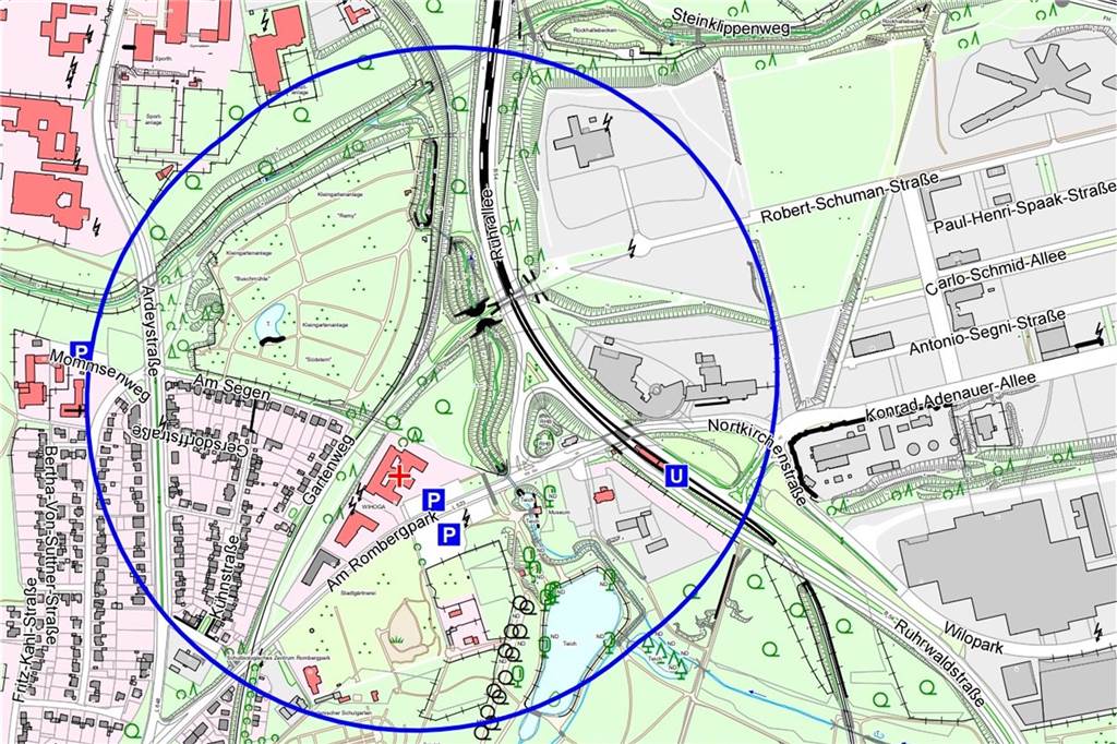 Blindgänger-Verdacht nahe Dortmunder Klinikmuss geprüft werden Der mögliche Evakuierungsradius, sollte am Rombergpark eine Bombe gefunden werden.